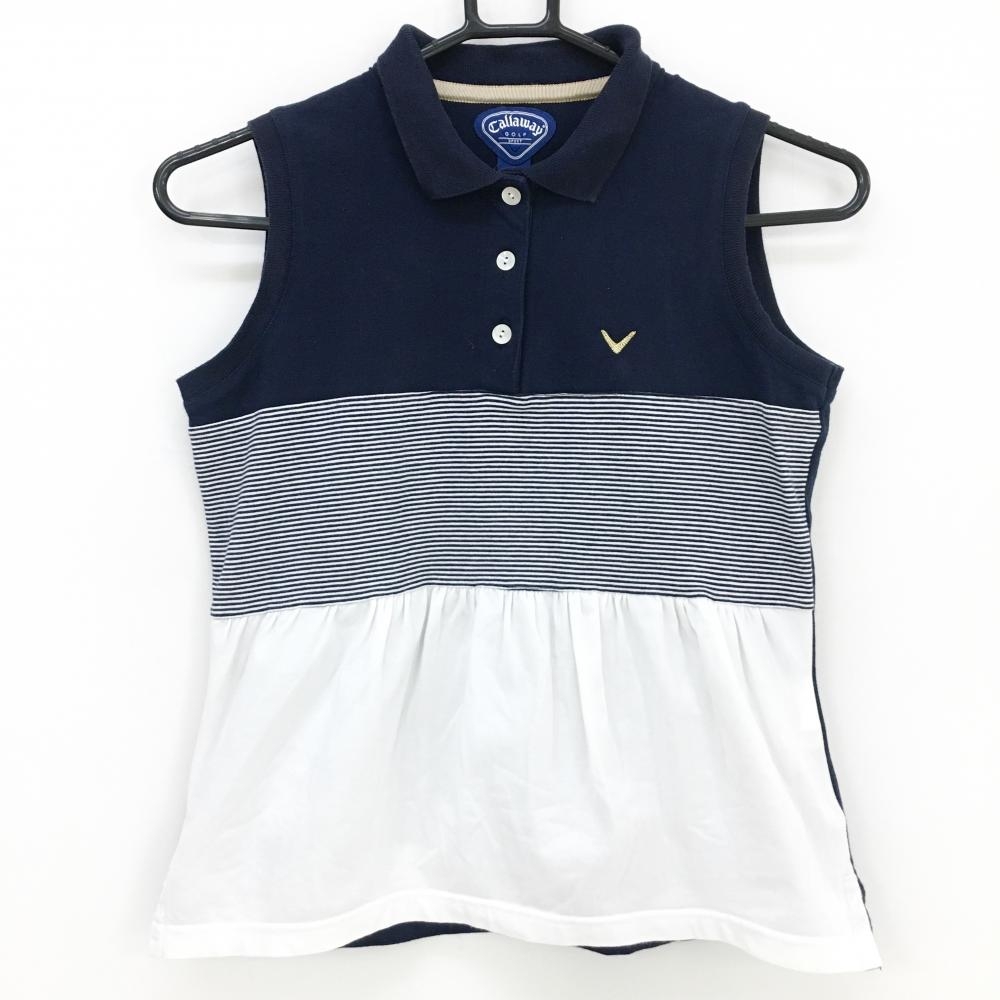 キャロウェイ ノースリーブポロシャツ ネイビー×白 一部ボーダー ロゴ刺しゅう レディース S ゴルフウェア Callaway