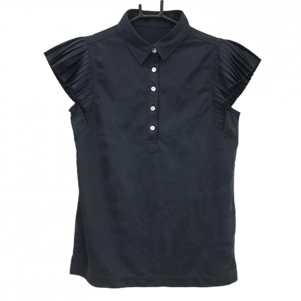 【超美品】キャロウェイ ノースリーブポロシャツ ダークネイビー リーフ柄地模様 一部プリーツ レディース S ゴルフウェア Callaway