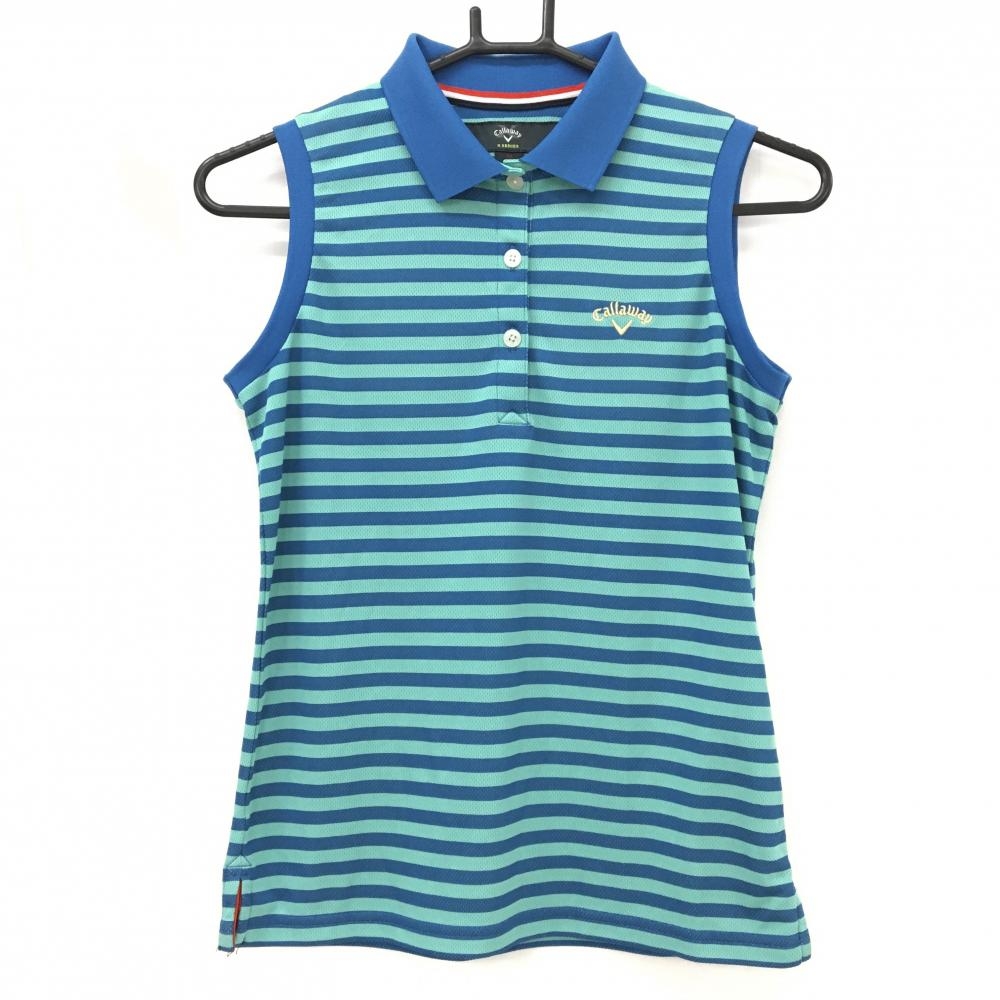 【超美品】キャロウェイ ノースリーブポロシャツ ブルー×ミントグリーン ボーダー ロゴ刺しゅう レディース M ゴルフウェア Callaway