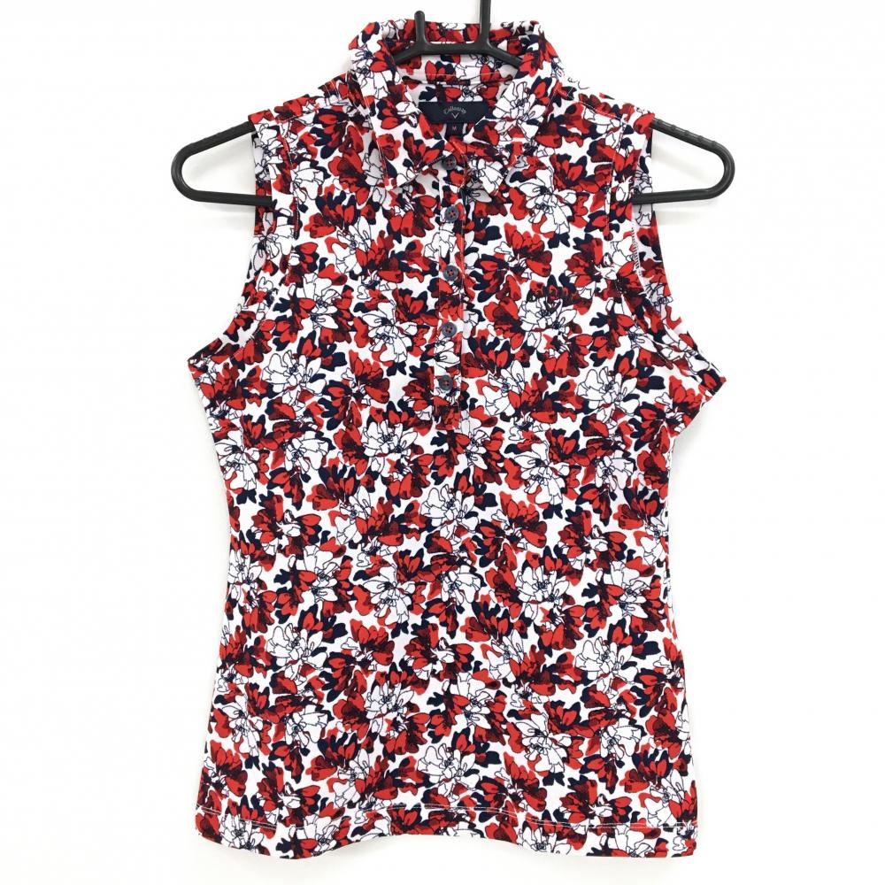 キャロウェイ ノースリーブポロシャツ 白×レッド 花柄 ロゴ刺しゅう レディース M ゴルフウェア Callaway