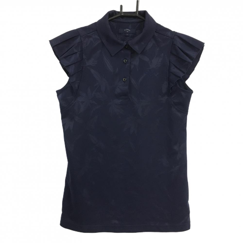 キャロウェイ ノースリーブポロシャツ ネイビー リーフ総柄地模様 フレンチスリーブ 袖フリル  レディース L ゴルフウェア Callaway