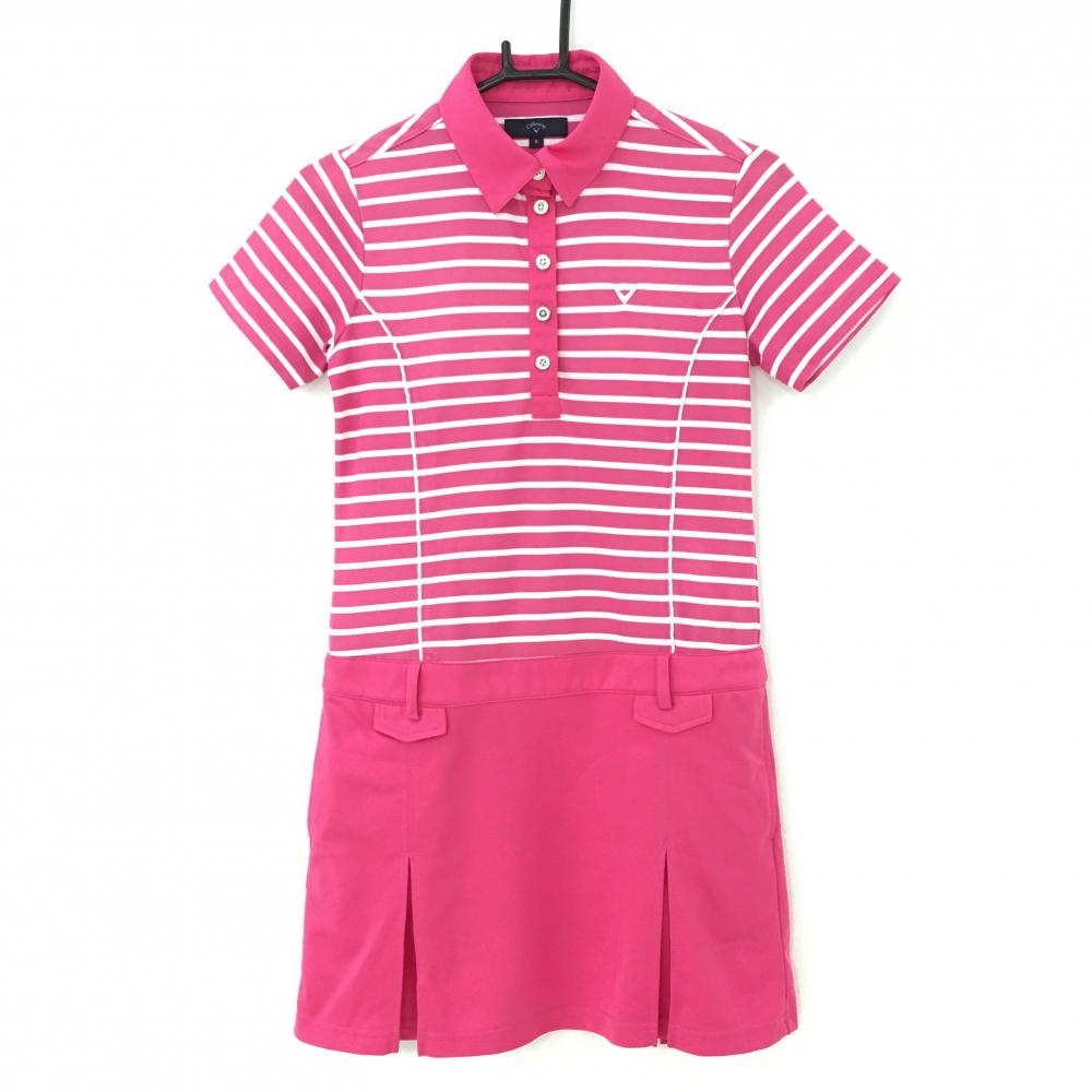 【美品】キャロウェイ ワンピース ピンク×白 一部ボーダー ロゴ刺しゅう 裏地付き  レディース S ゴルフウェア Callaway