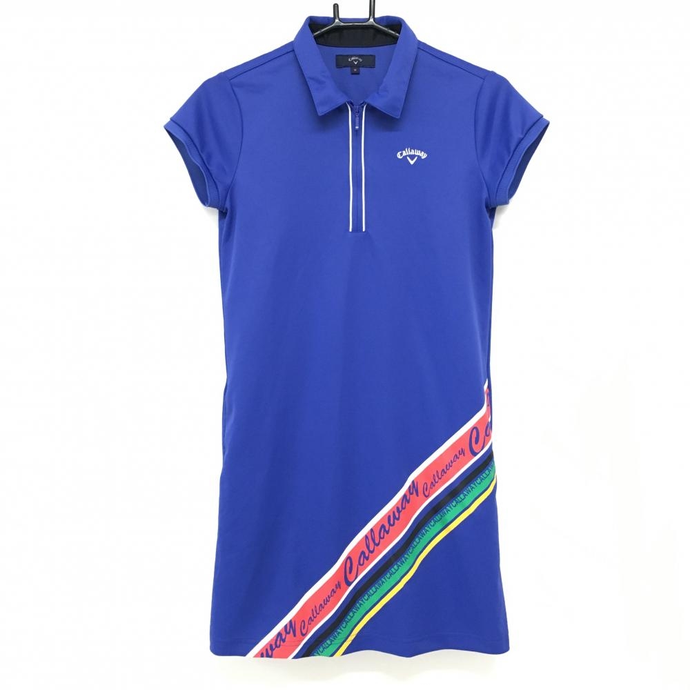 【美品】キャロウェイ 半袖ポロワンピース ブルー 裾マルチカラーライン ハーフジップ レディース M ゴルフウェア Callaway
