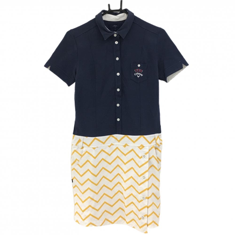 キャロウェイ 半袖ポロワンピース ネイビー×白×イエロー スカート部ギザギザ柄  レディース L ゴルフウェア Callaway