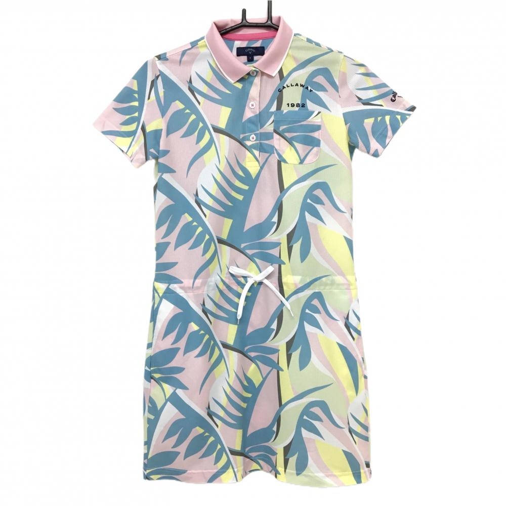 【美品】キャロウェイ 半袖ポロワンピース ピンク×ライトブルー リーフ柄 レディース S ゴルフウェア 2023年モデル Callaway