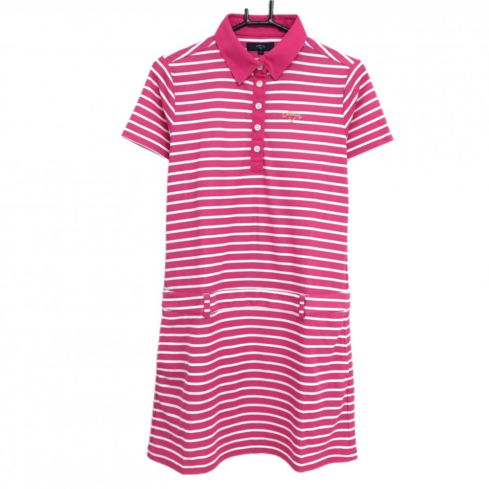 キャロウェイ 半袖ポロワンピース ピンク×白 ボーダー レディース L ゴルフウェア Callaway