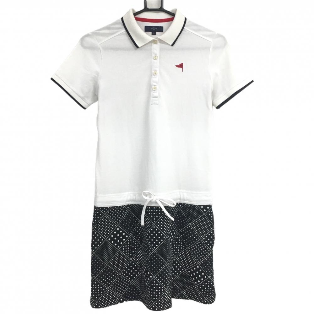 キャロウェイ 半袖ポロワンピース 白×黒 スカート部斜めチェック調 ウエスト調節紐 レディース M ゴルフウェア Callaway