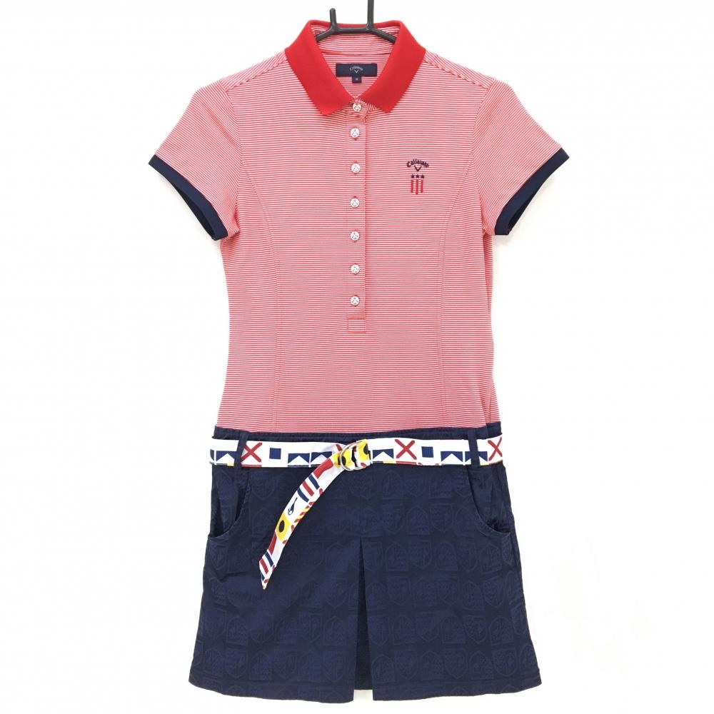 キャロウェイ 半袖ポロワンピース レッド×ネイビー 上部ボーダー ベルト付  レディース M ゴルフウェア Callaway