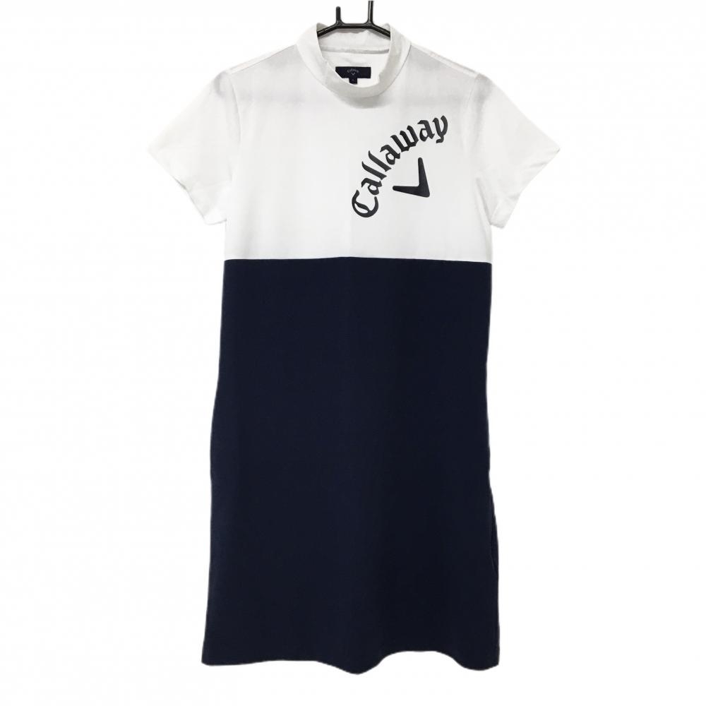キャロウェイ 半袖ハイネックワンピース 白×ネイビーー ビッグロゴ  レディース L ゴルフウェア Callaway