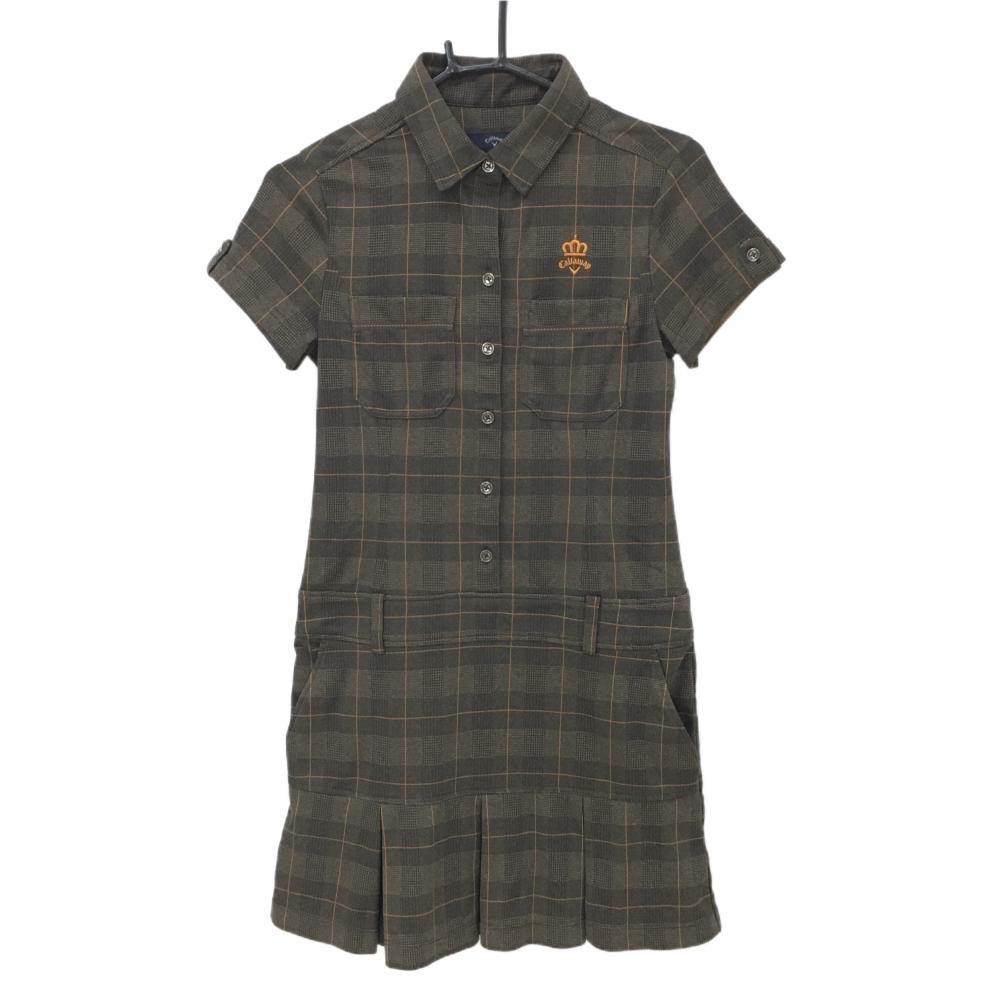 【超美品】キャロウェイ 半袖ポロワンピース ブラウン×オレンジ チェック 胸ポケット レディース S ゴルフウェア Callaway