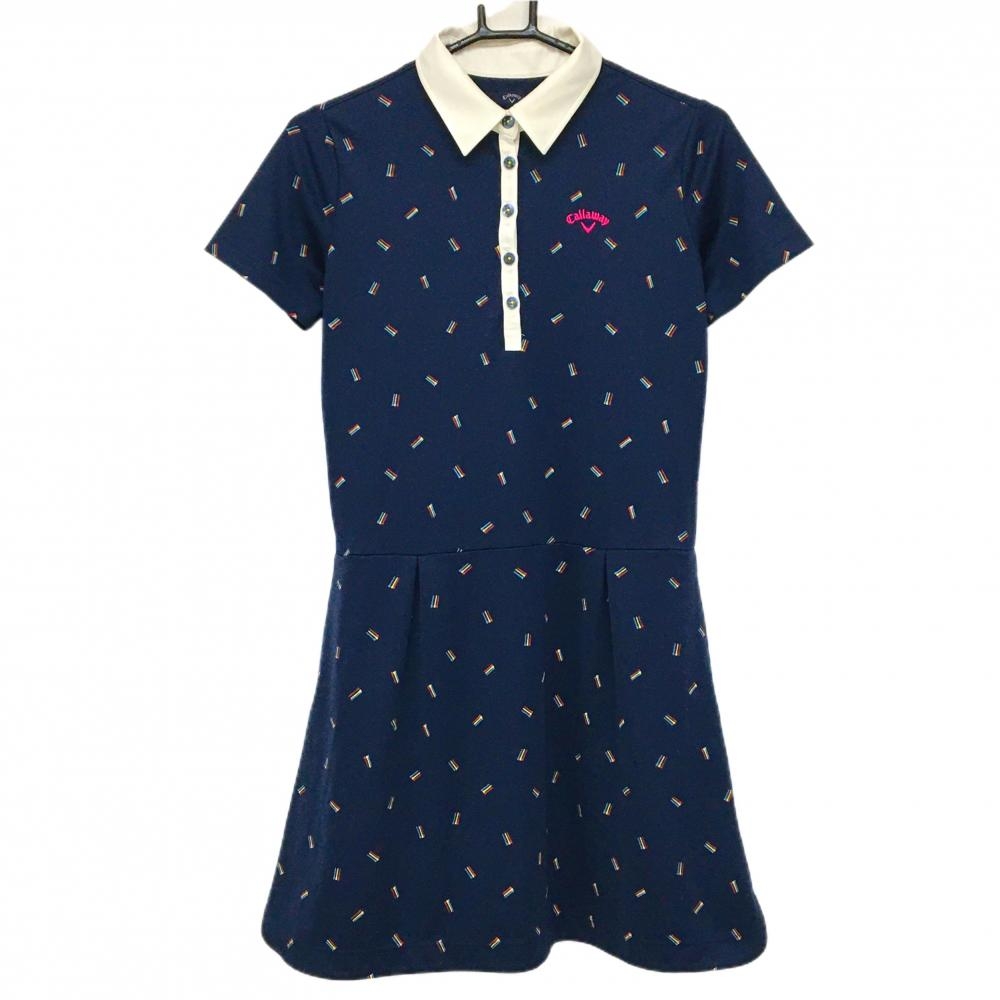 キャロウェイ 半袖ポロワンピース ネイビー×白 ティー柄  レディース M ゴルフウェア Callaway