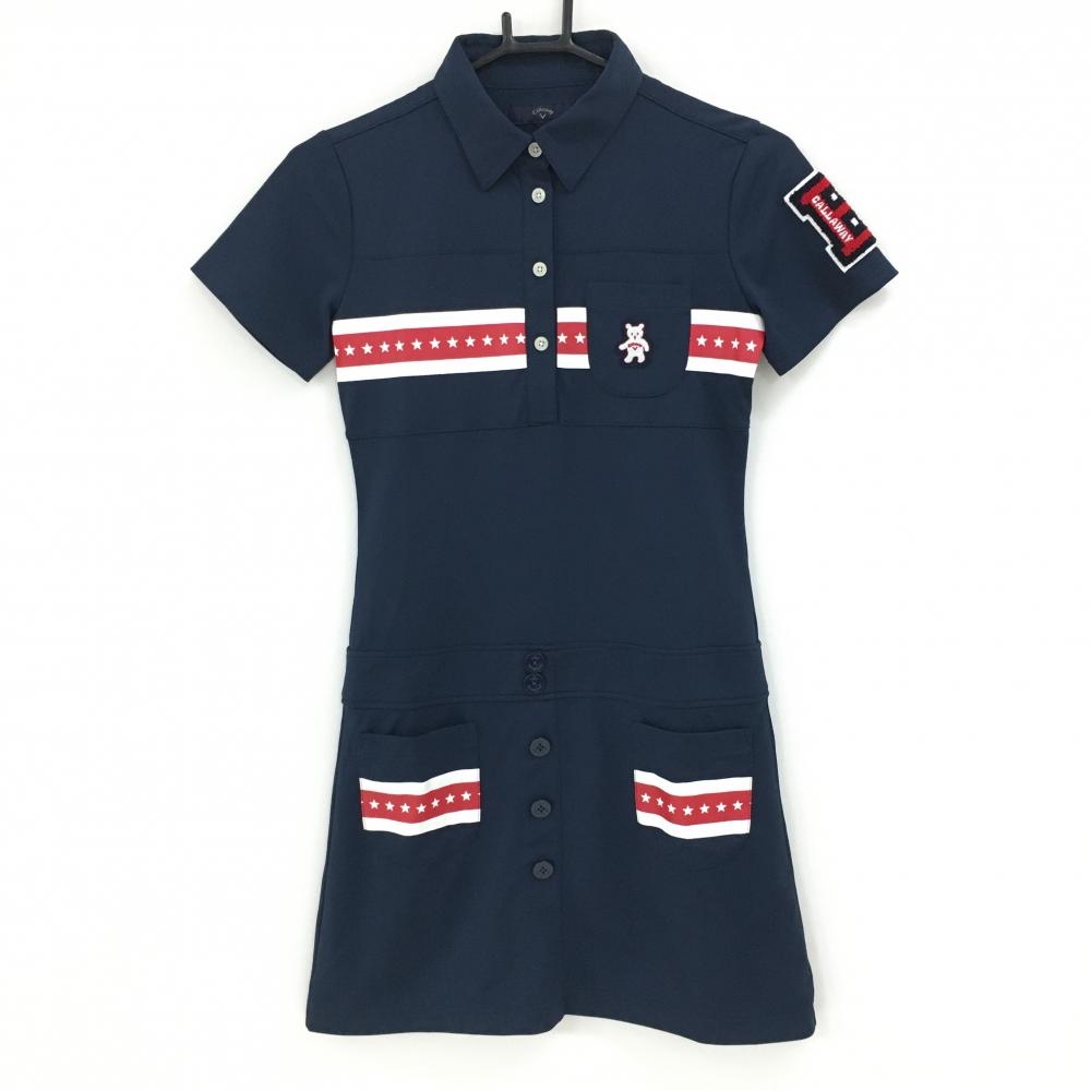 【超美品】キャロウェイ 半袖ポロワンピース ネイビー×白 ベアワッペン 星ライン スカート部裏地付き レディース S ゴルフウェア Callaway