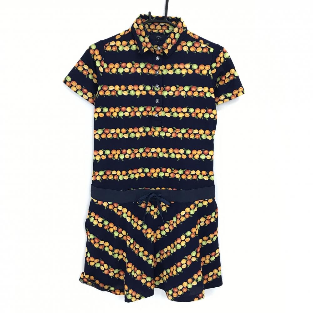 【超美品】キャロウェイ 半袖ポロワンピース ネイビー×オレンジ 果実柄 オレンジ ボーダー調  レディース M ゴルフウェア Callaway