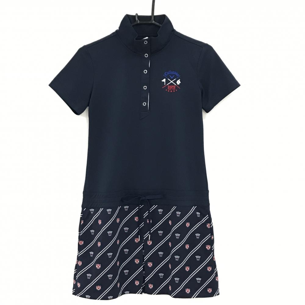 【美品】キャロウェイ 半袖ハイネックワンピース ネイビー×白 スカート部斜めストライプ調  レディース M ゴルフウェア Callaway