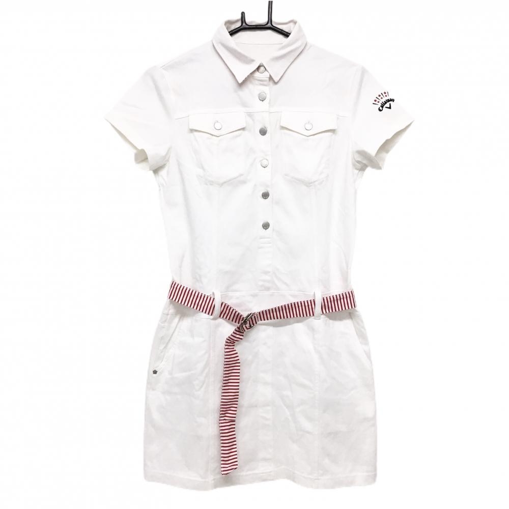 キャロウェイ 半袖シャツワンピース 白 襟裏・ベルトストライプ ストレッチ ベルト付 レディース M ゴルフウェア Callaway