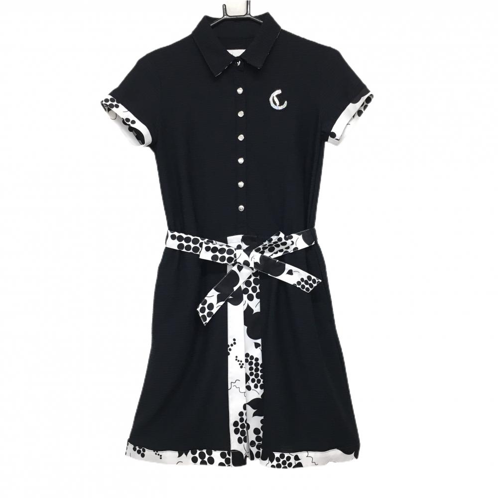 【超美品】キャロウェイ 半袖ポロワンピース 黒×白 一部ブドウ柄 織生地 共布ベルト付 レディース S ゴルフウェア Callaway