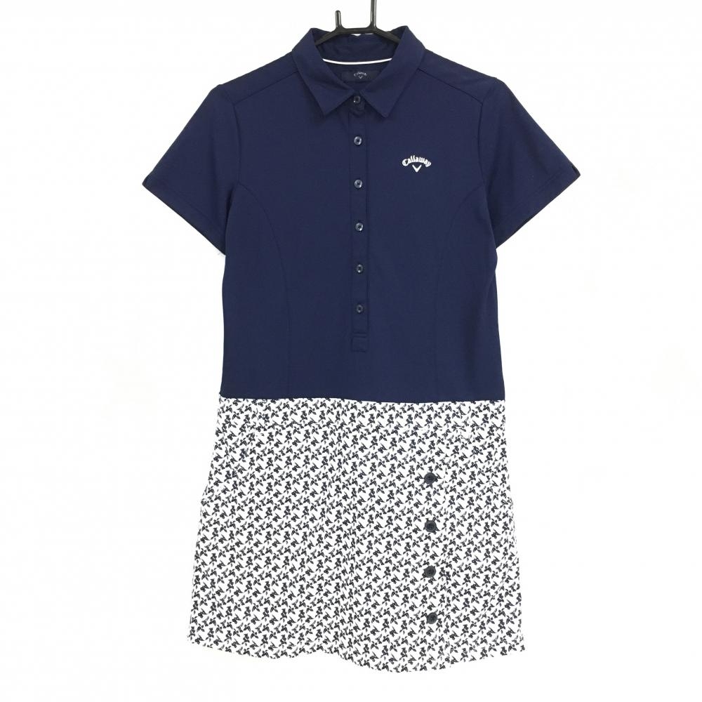 【超美品】キャロウェイ 半袖ポロワンピース ネイビー×白 スカート花柄  レディース L ゴルフウェア Callaway