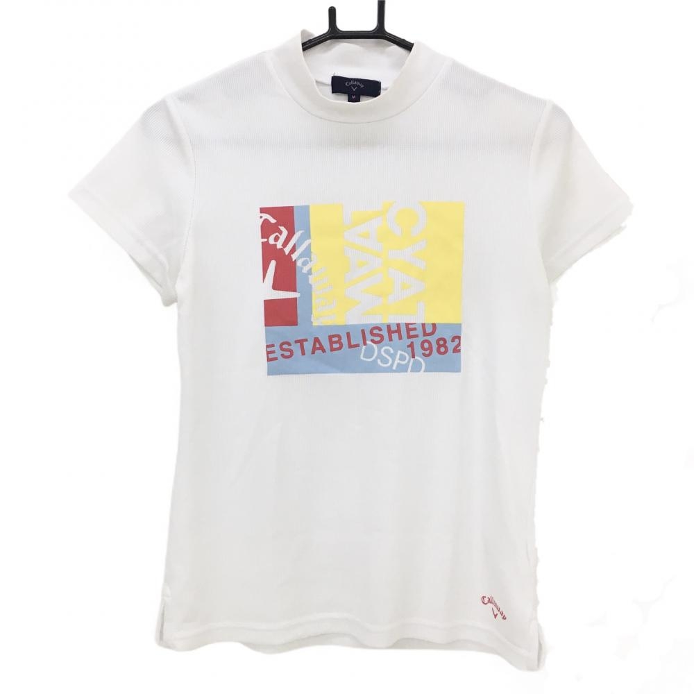 キャロウェイ 半袖ハイネックシャツ 白 イエロー ビックロゴ  レディース M ゴルフウェア 2022年モデル Callaway