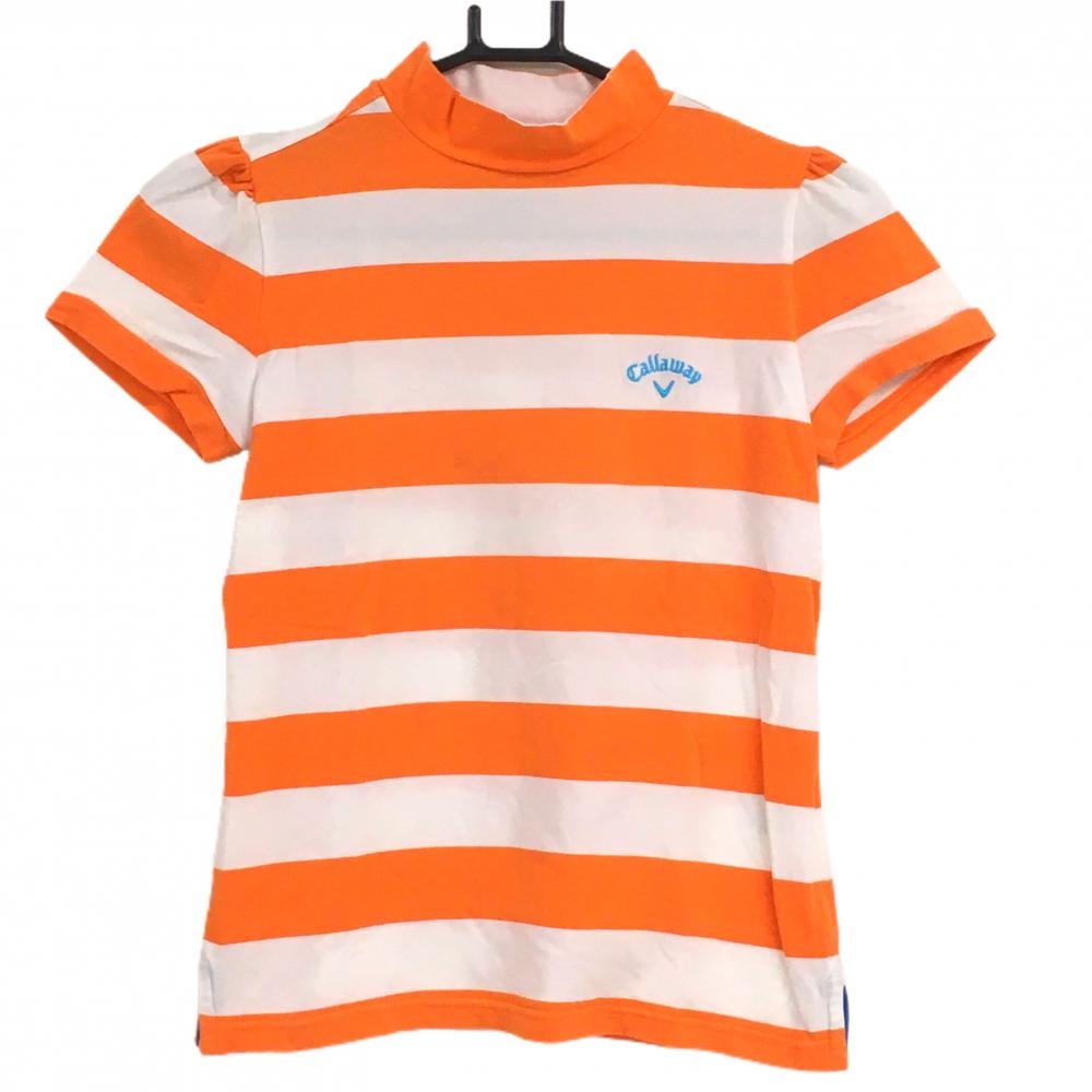 キャロウェイ 半袖ハイネックシャツ オレンジ×白 ボーダー ロゴ刺しゅう レディース S ゴルフウェア Callaway