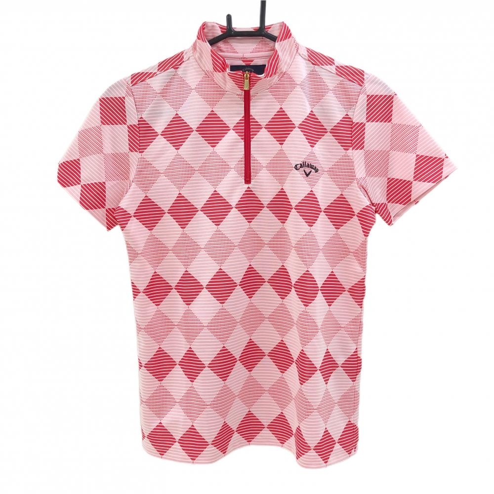 【超美品】キャロウェイ 半袖ハイネックシャツ ピンク×白 ブロックチェック調 ボーダー ハーフジップ レディース L ゴルフウェア Callaway