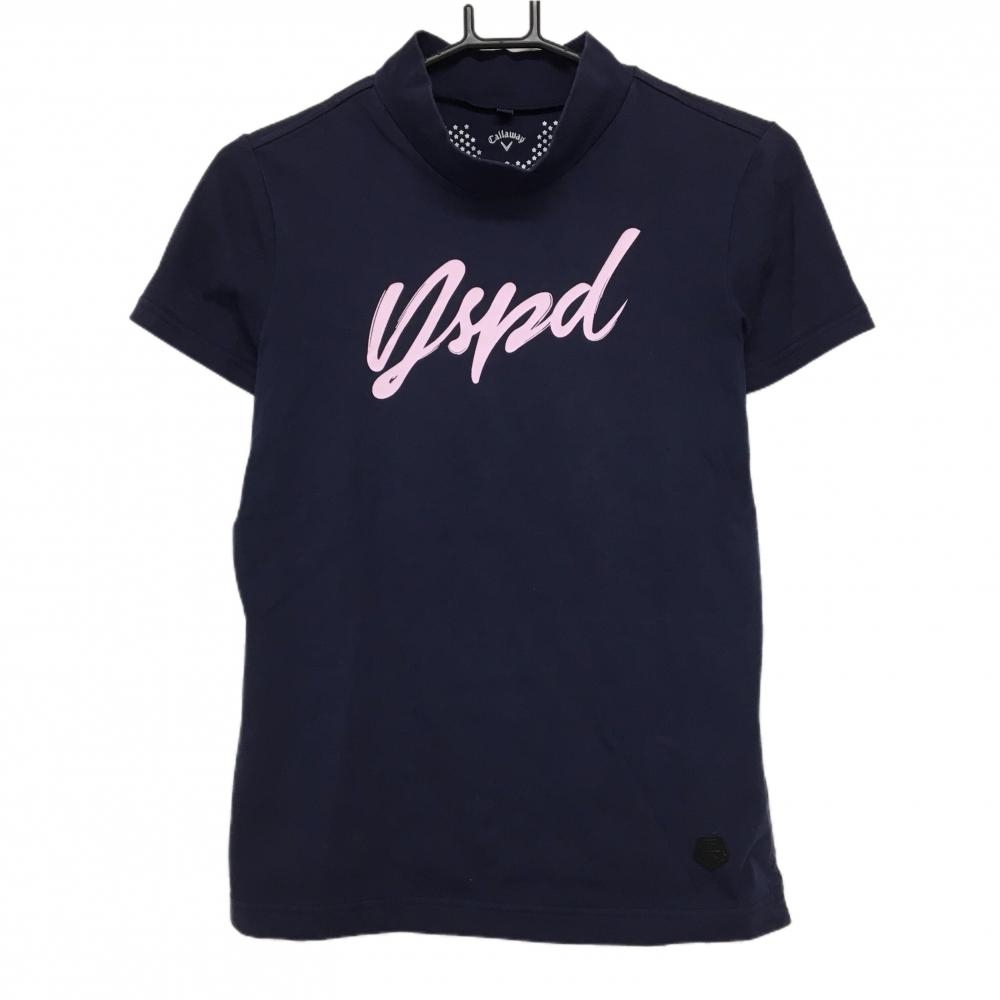 キャロウェイ 半袖ハイネックシャツ ネイビー ロゴピンク ストレッチ レディース L ゴルフウェア Callaway