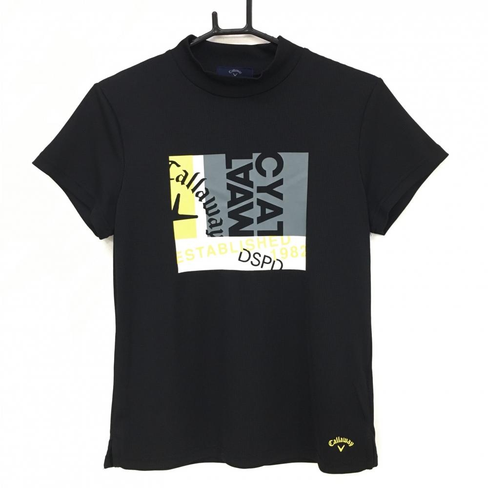 【超美品】キャロウェイ 半袖ハイネックシャツ 黒×イエロー ビッグプリント  レディース L ゴルフウェア Callaway