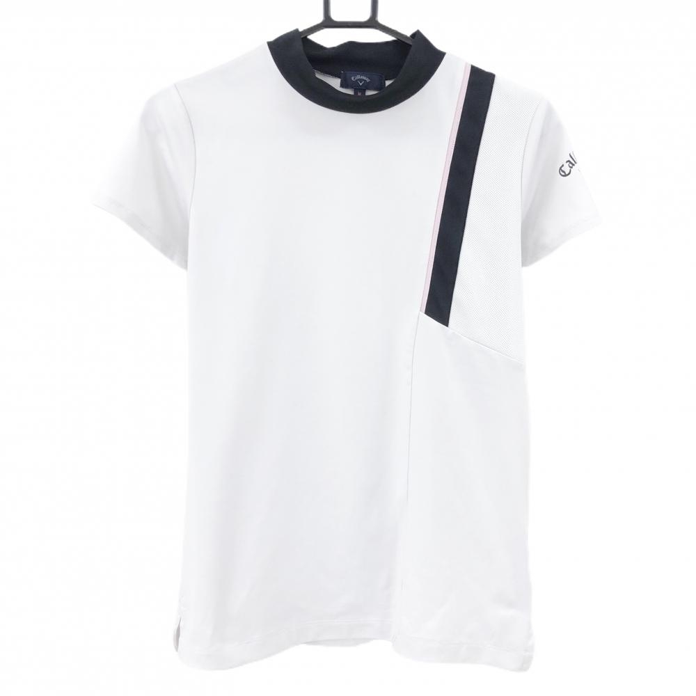 【美品】キャロウェイ 半袖ハイネックシャツ 白×黒×ライトピンク 一部メッシュ地 レディース M ゴルフウェア Callaway