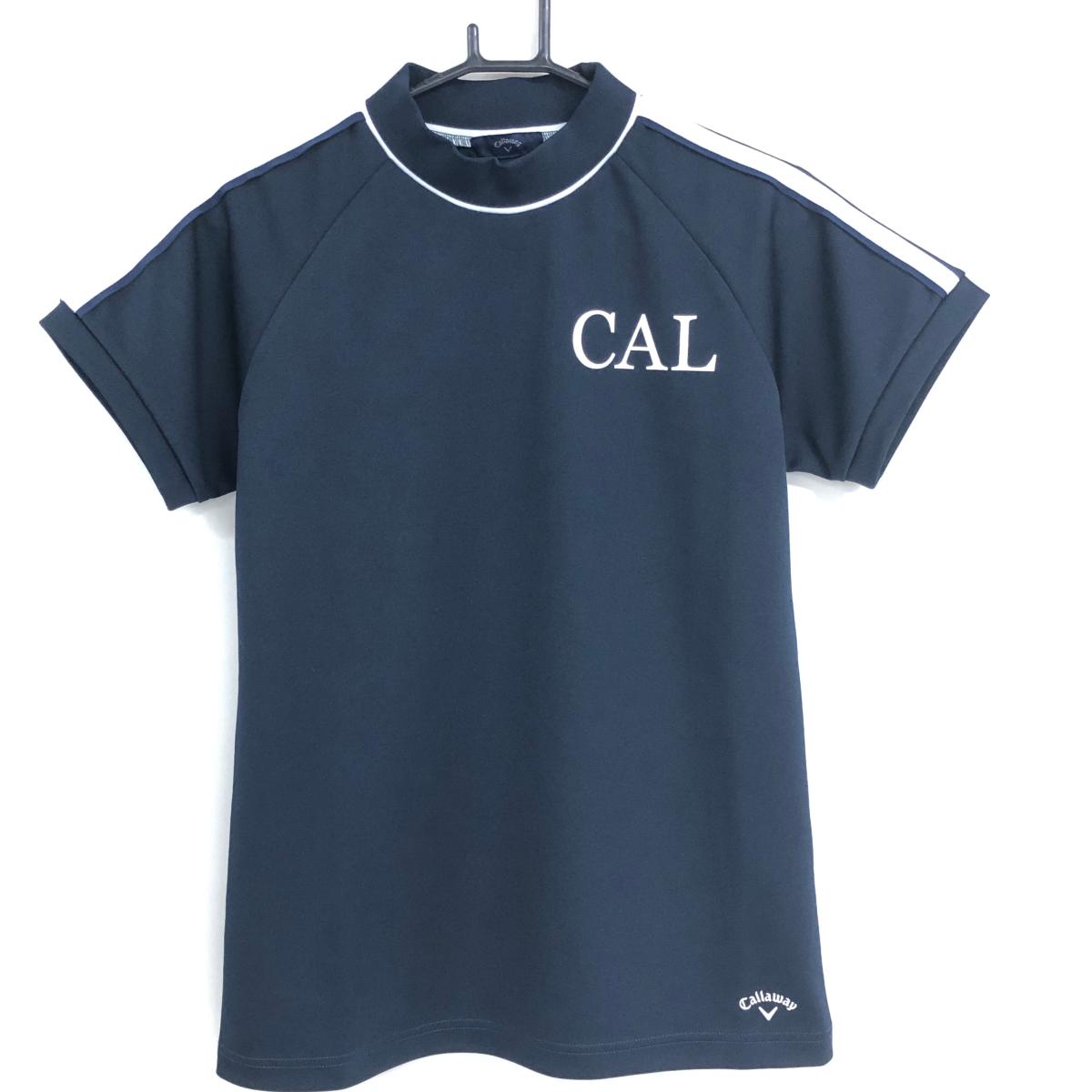 【超美品】キャロウェイ 半袖ハイネックシャツ ネイビー×白 肩ライン  レディース LL ゴルフウェア 2023年モデル Callaway