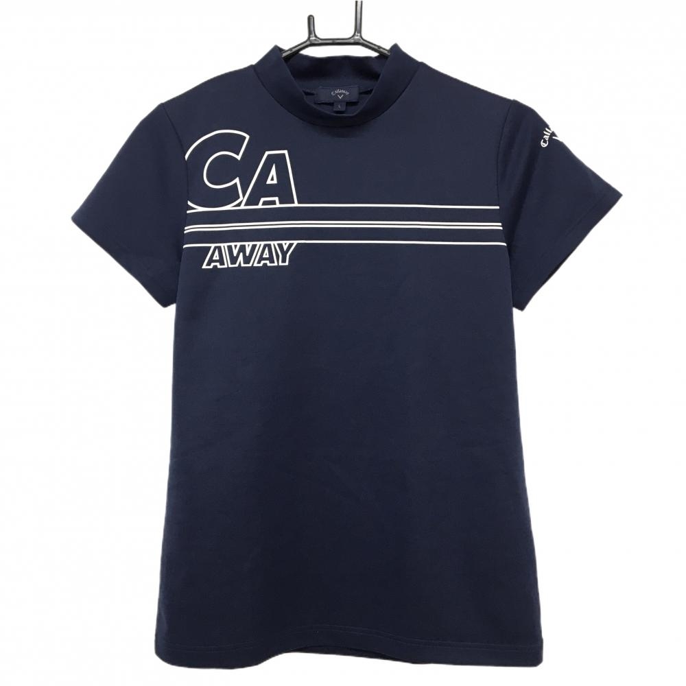【超美品】キャロウェイ 半袖ハイネックシャツ ネイビー×白 フロントプリント  レディース L ゴルフウェア Callaway