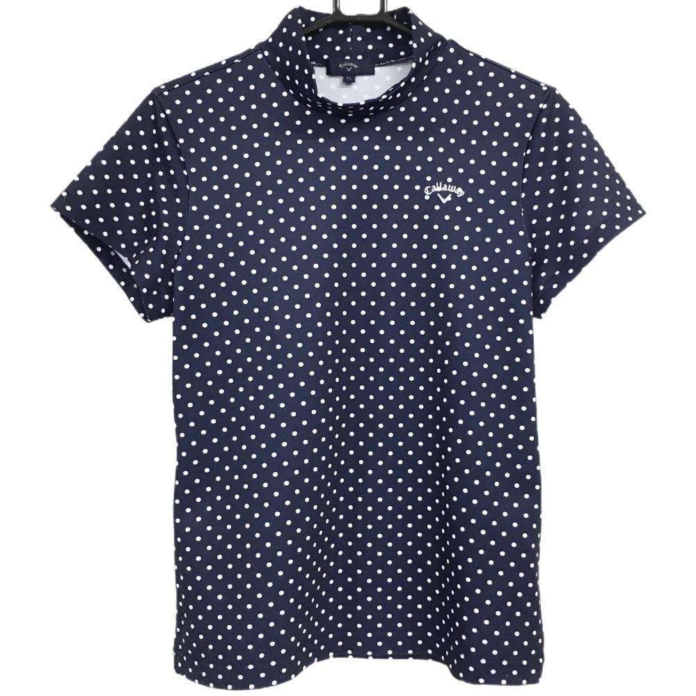 【超美品】キャロウェイ 半袖ハイネックシャツ ネイビー×白 ドット柄 ロゴ刺しゅう レディース LL ゴルフウェア Callaway