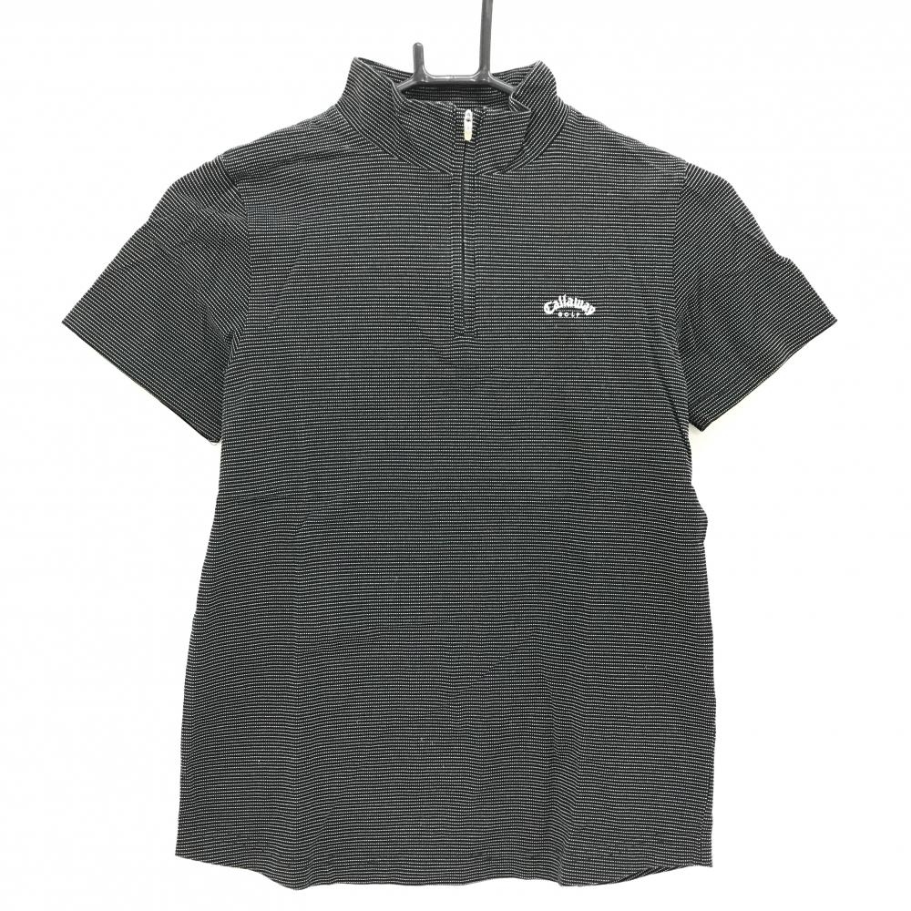 【美品】キャロウェイ 半袖ハイネックシャツ 黒×白 ボーダー地模様 ロゴ刺しゅう ハーフジップ レディース M ゴルフウェア Callaway