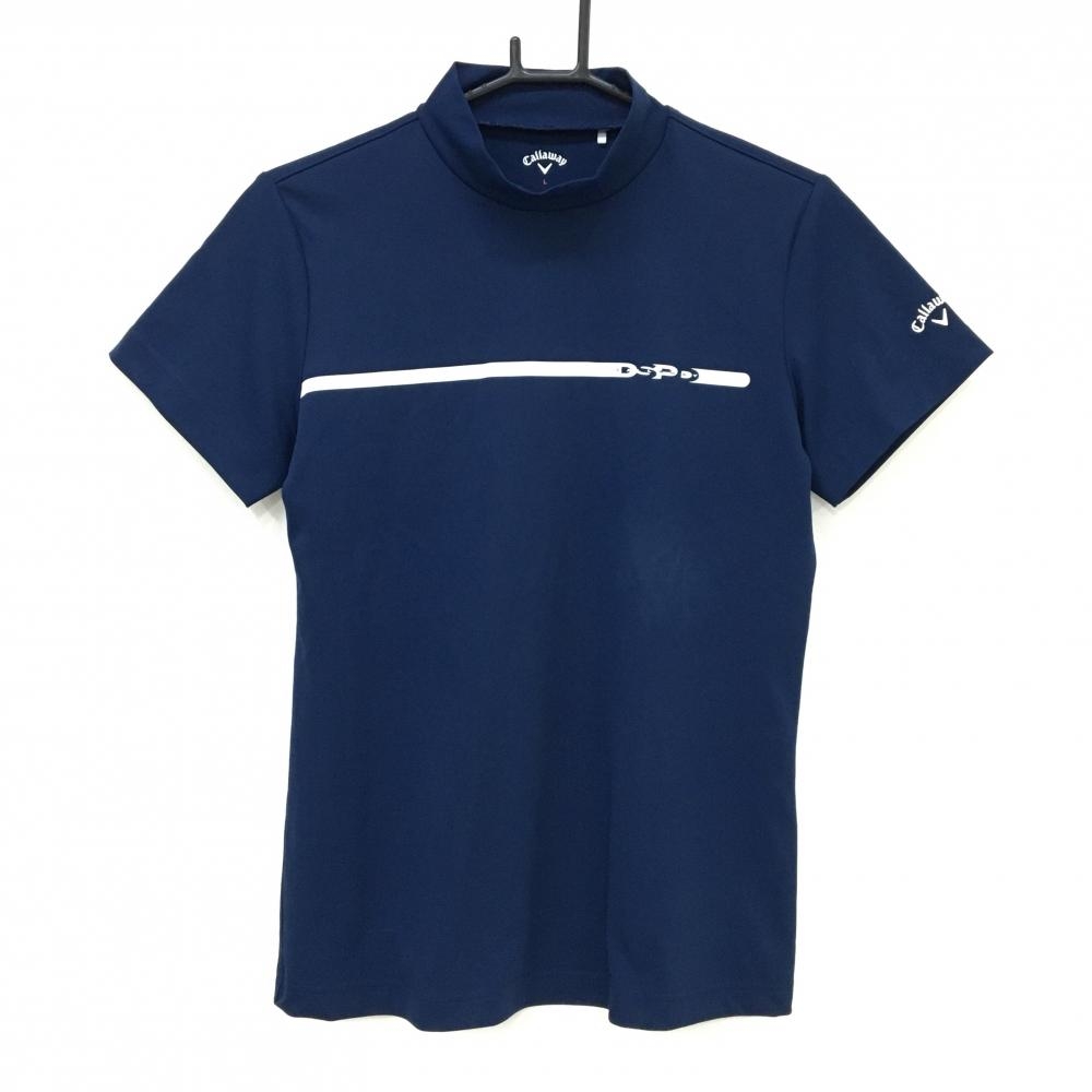 キャロウェイ 半袖ハイネックシャツ ネイビー×白 ストレッチ  レディース L ゴルフウェア Callaway