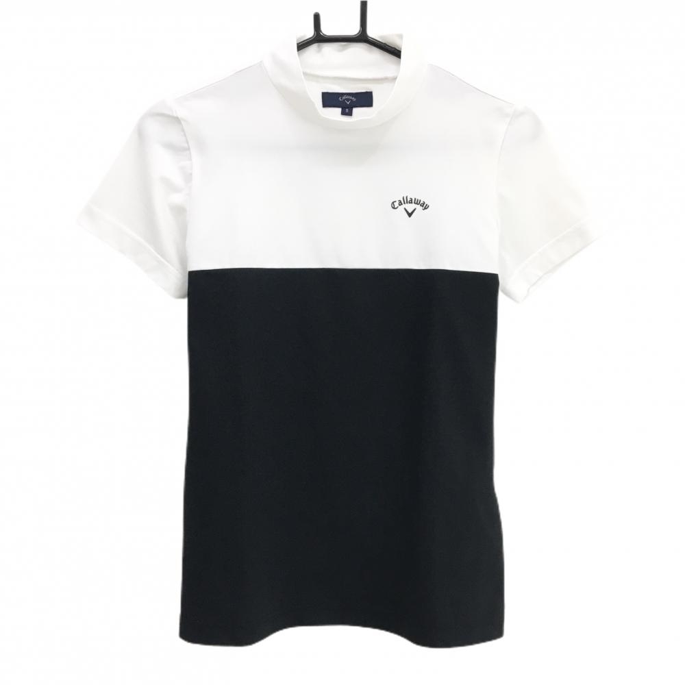 【美品】キャロウェイ 半袖ハイネックシャツ 白×黒 バイカラー 胸ロゴ レディース S ゴルフウェア Callaway