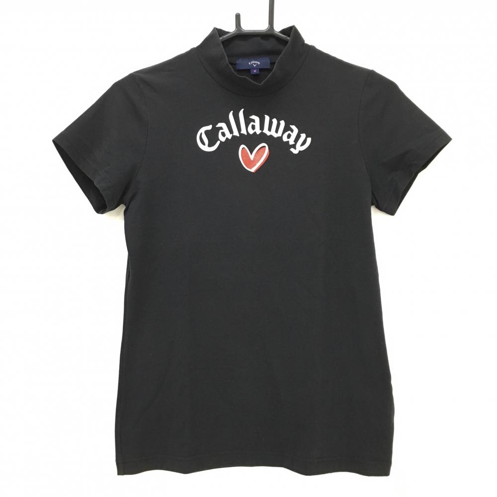 キャロウェイ 半袖ハイネックシャツ 黒系×白 ラメハート ビッグロゴ白 レディース M ゴルフウェア Callaway