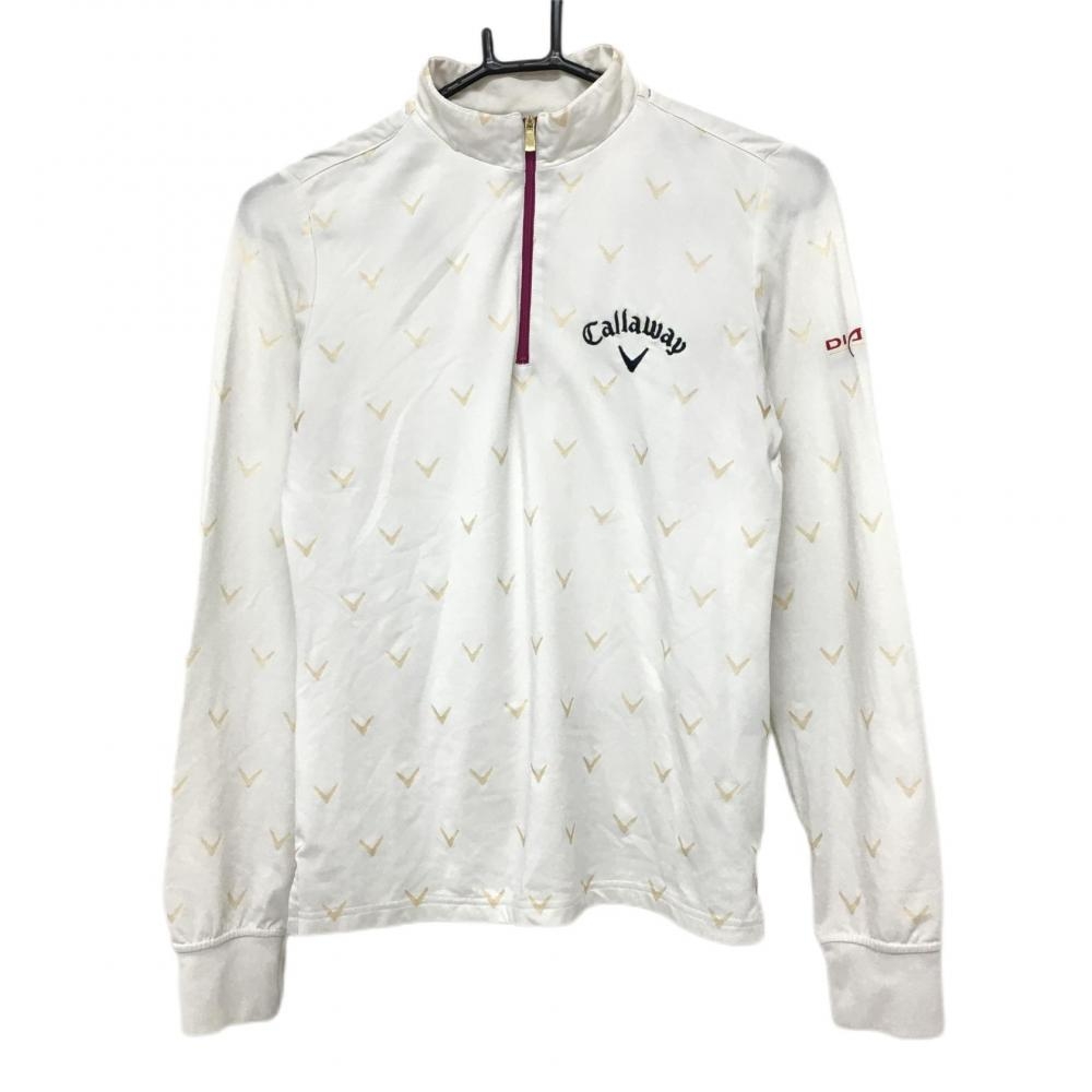 キャロウェイ 長袖ハイネックシャツ 白×ベージュ ロゴ総柄 裏微起毛 ハーフジップ ストレッチ  レディース M ゴルフウェア Callaway