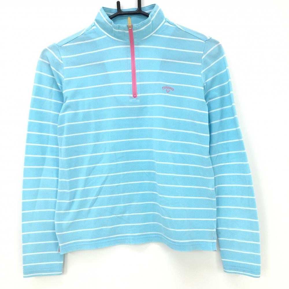 キャロウェイ 長袖ハイネックシャツ ライトブルー×白 ボーダー ハーフジップ DRYSPORT レディース M ゴルフウェア Callaway