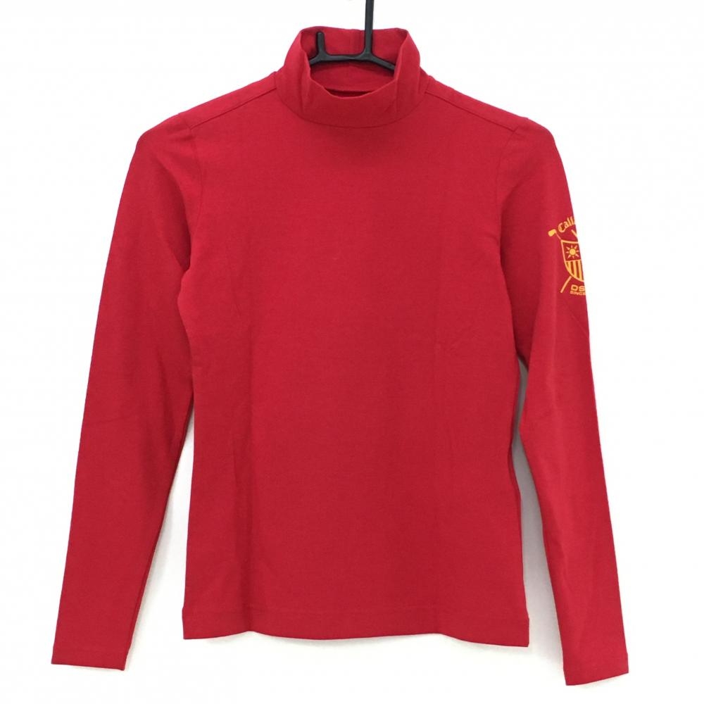 【超美品】キャロウェイ 長袖ハイネックシャツ レッド×オレンジ コットン混 ロゴプリント レディース S ゴルフウェア Callaway