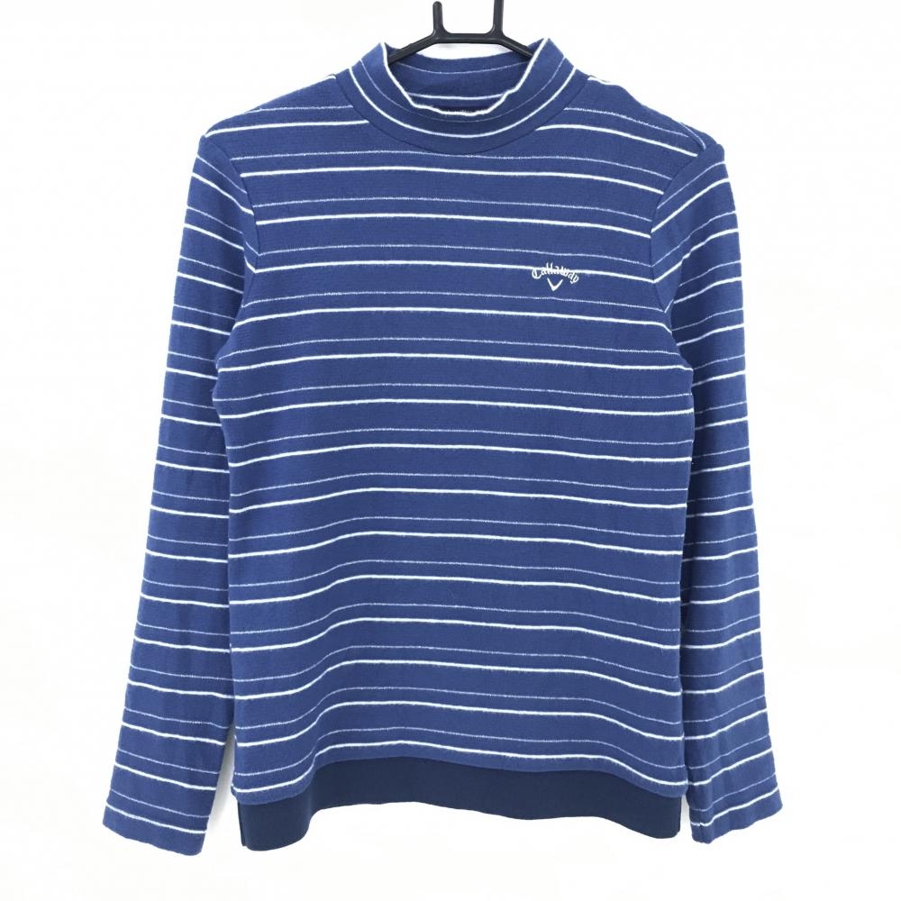 キャロウェイ 長袖ハイネックシャツ ネイビー×白 ボーダー 表微起毛 ラメ糸 レディース M ゴルフウェア Callaway