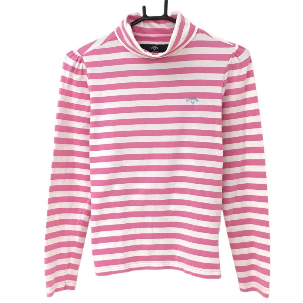 キャロウェイ 長袖タートルネックシャツ ピンク×白 ボーダー ロゴ刺しゅう レディース L ゴルフウェア Callaway