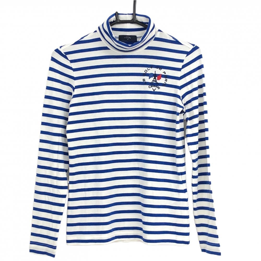 【美品】キャロウェイ 長袖ハイネックシャツ 白×ブルー ボーダー 表微起毛 アクリル混 レディース S ゴルフウェア Callaway