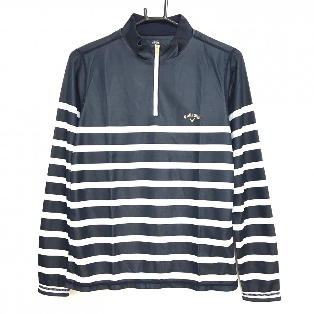 【美品】キャロウェイ 長袖ハイネックシャツ ネイビー×白 ボーダー ハーフジップ レディース LL ゴルフウェア Callaway