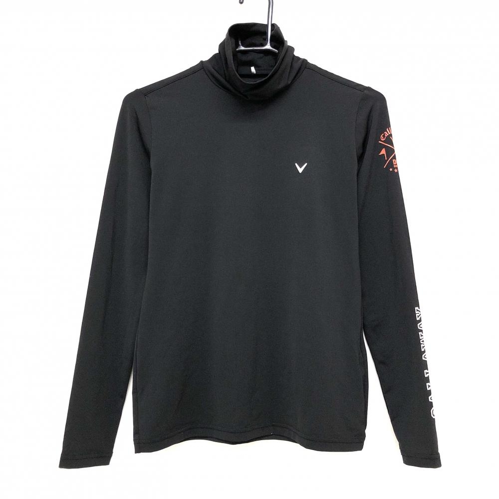 【超美品】キャロウェイ 長袖ハイネックシャツ 黒 ロゴ白 袖プリント ストレッチ インナー レディース Medium ゴルフウェア Callaway