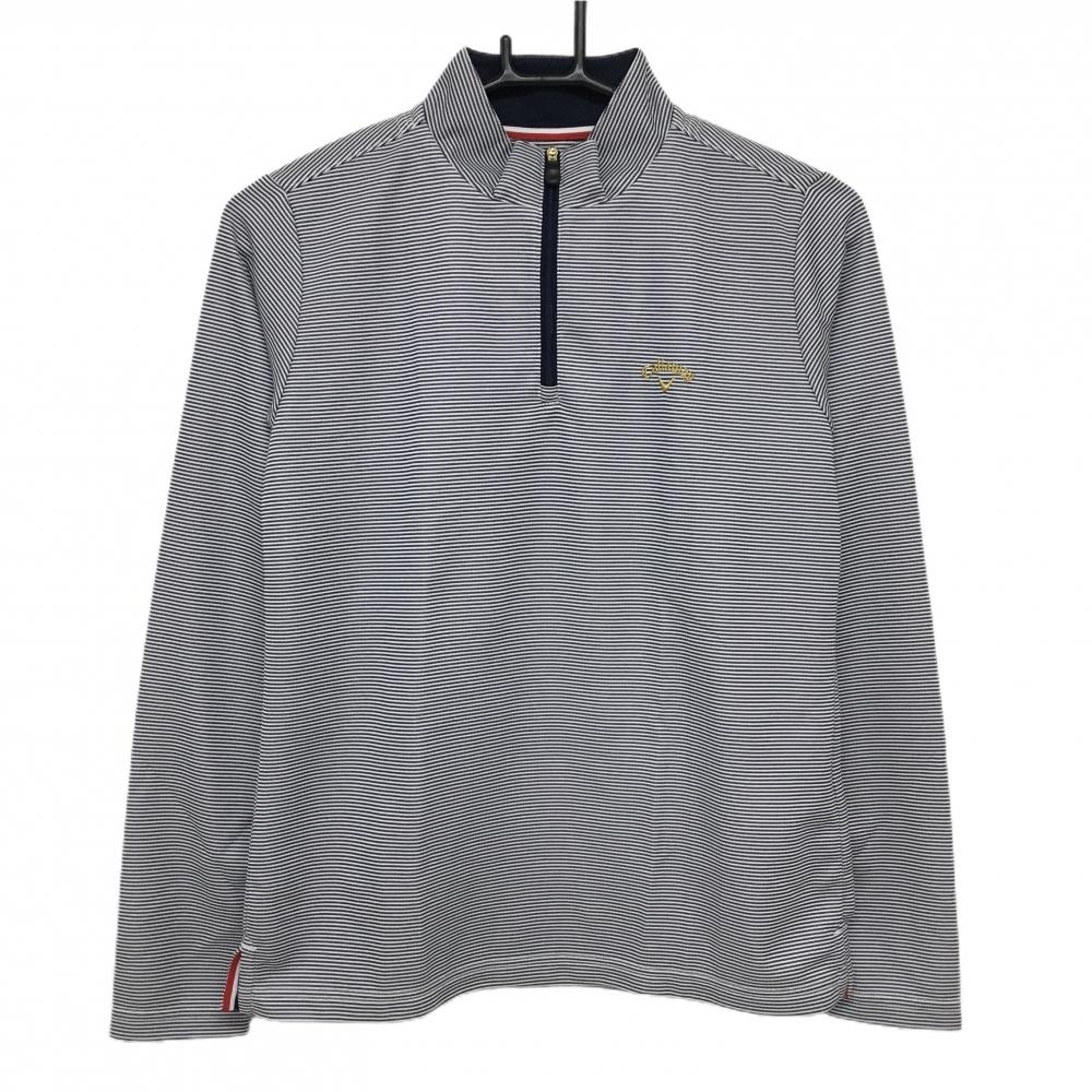 【超美品】キャロウェイ 長袖ハイネックシャツ 白×ネイビー 細ボーダー DRYSPORT ハーフジップ  レディース L ゴルフウェア Callaway