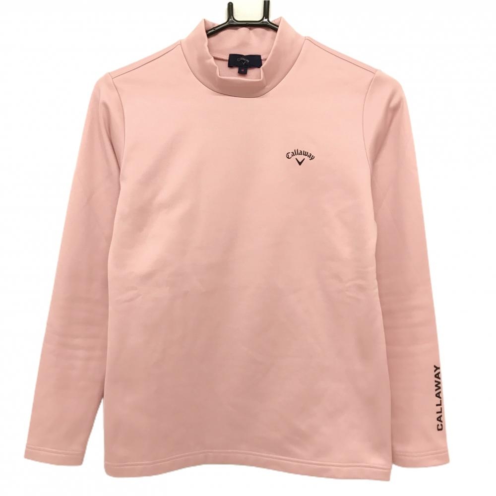 【美品】キャロウェイ 長袖ハイネックシャツ ライトピンク×黒 裏起毛 胸ロゴ レディース M ゴルフウェア 2025年モデル Callaway