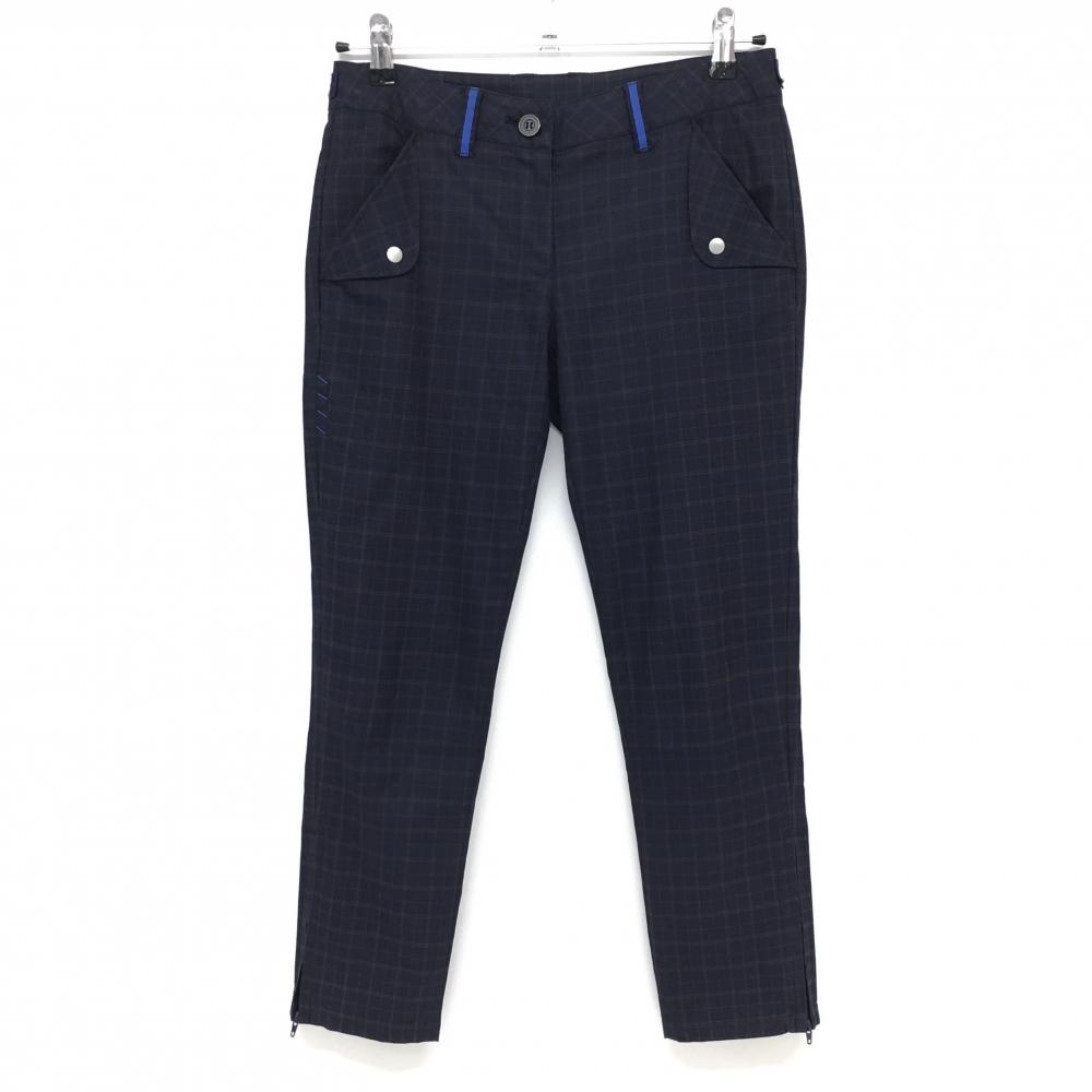 【美品】キャロウェイ パンツ ダークネイビー×ライトブラウン チェック ティー装着可 裾ジップ レディース SS ゴルフウェア Callaway