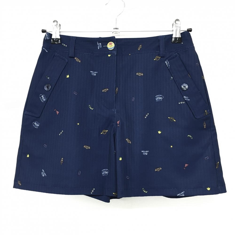 【超美品】キャロウェイ ショートパンツ ネイビー×マルチ 総柄 ストライプ織生地 レディース S ゴルフウェア 2022年モデル Callaway