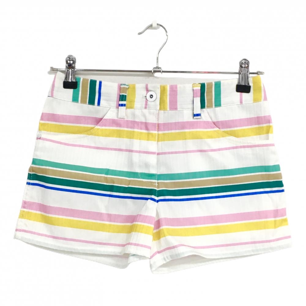 【美品】キャロウェイ ショートパンツ 白×マルチ ボーダー 織生地 レディース SS ゴルフウェア Callaway