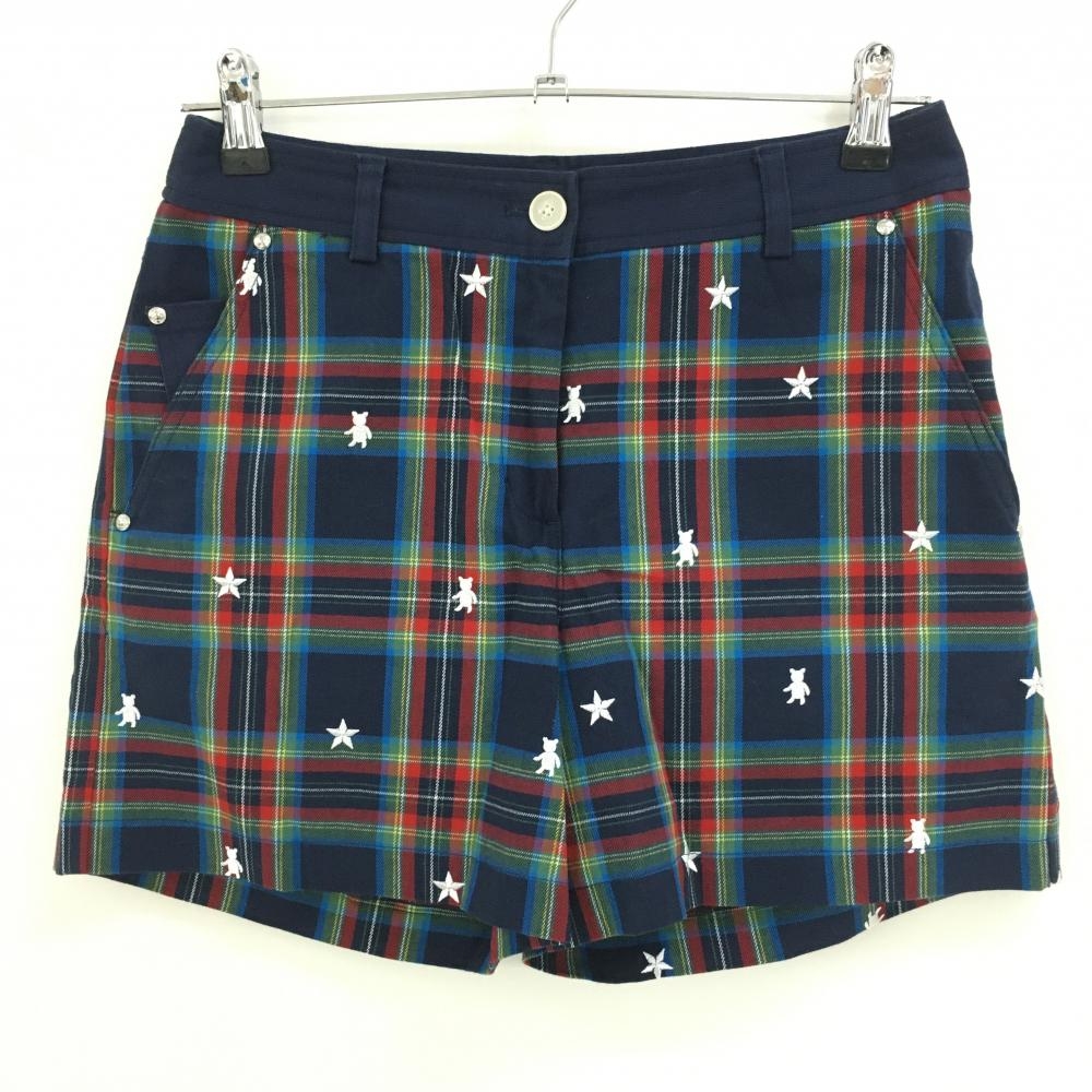【美品】キャロウェイ ショートパンツ ネイビー×レッド チェック柄 クマ 星 ベアワッペン  レディース M ゴルフウェア Callaway