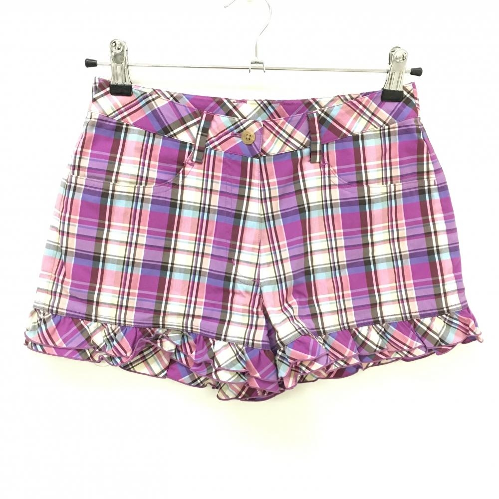 【超美品】キャロウェイ ショートパンツ 白×パープル×ピンク チェック 裾フリル ストレッチ レディース S ゴルフウェア Callaway