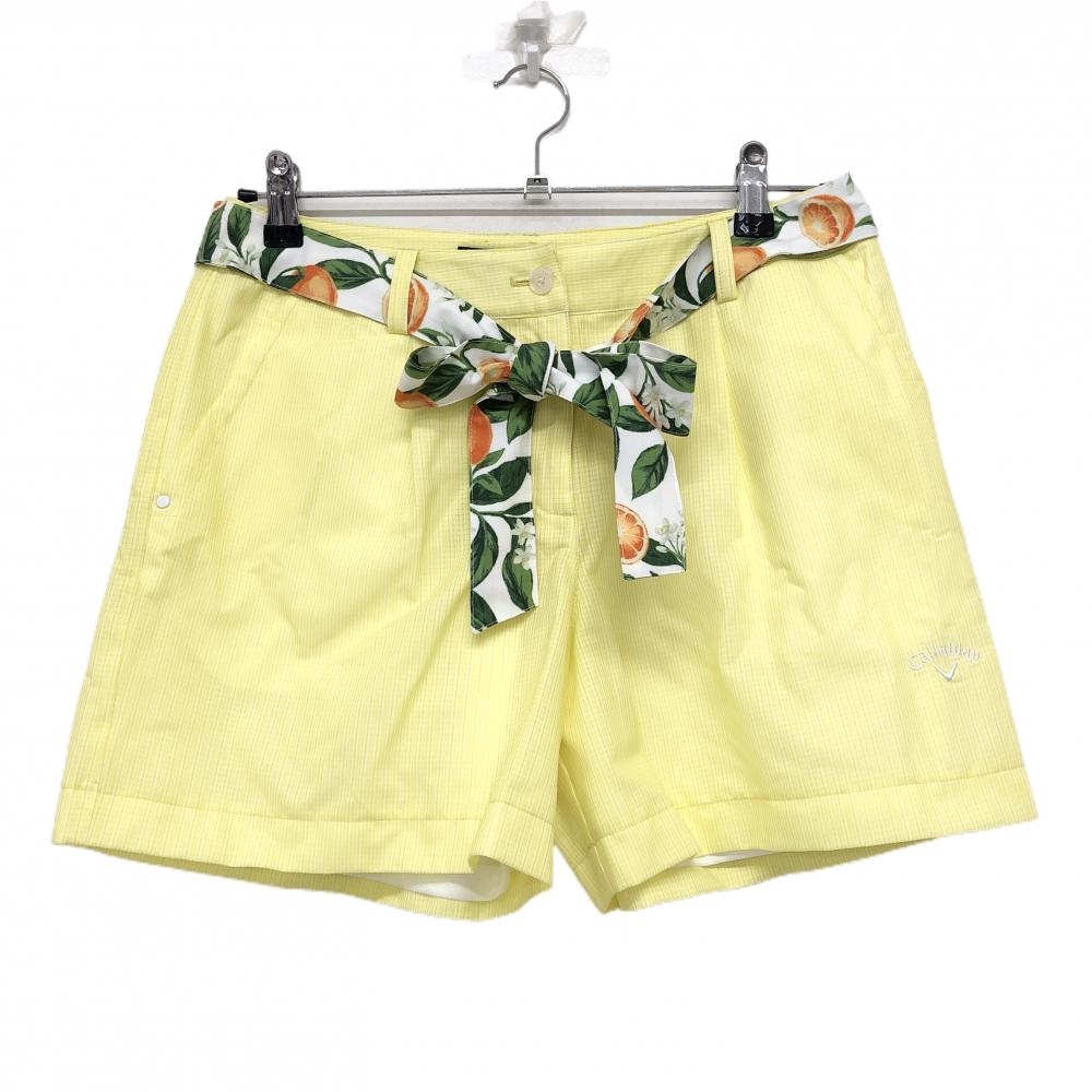 【超美品】キャロウェイ ショートパンツ イエロー×白×グリーン メッシュ調 一部オレンジ柄 レディース M ゴルフウェア Callaway